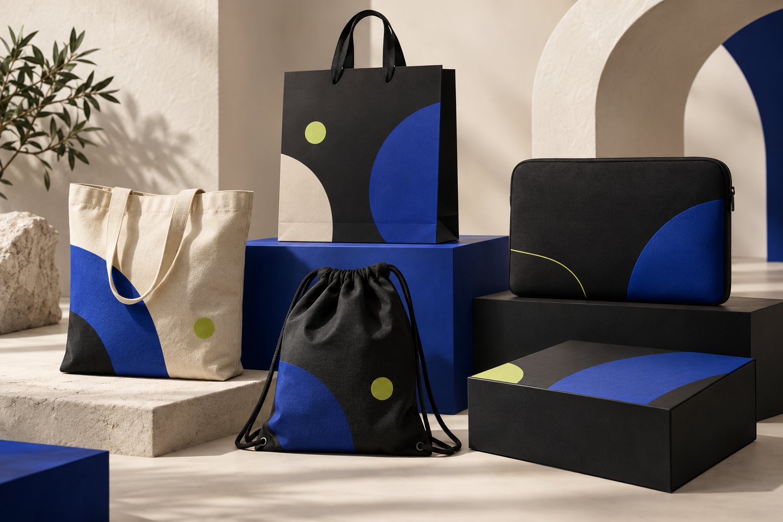 Collection of custom tote bags, shopping bags, event bags, laptop sleeves and gift packaging
